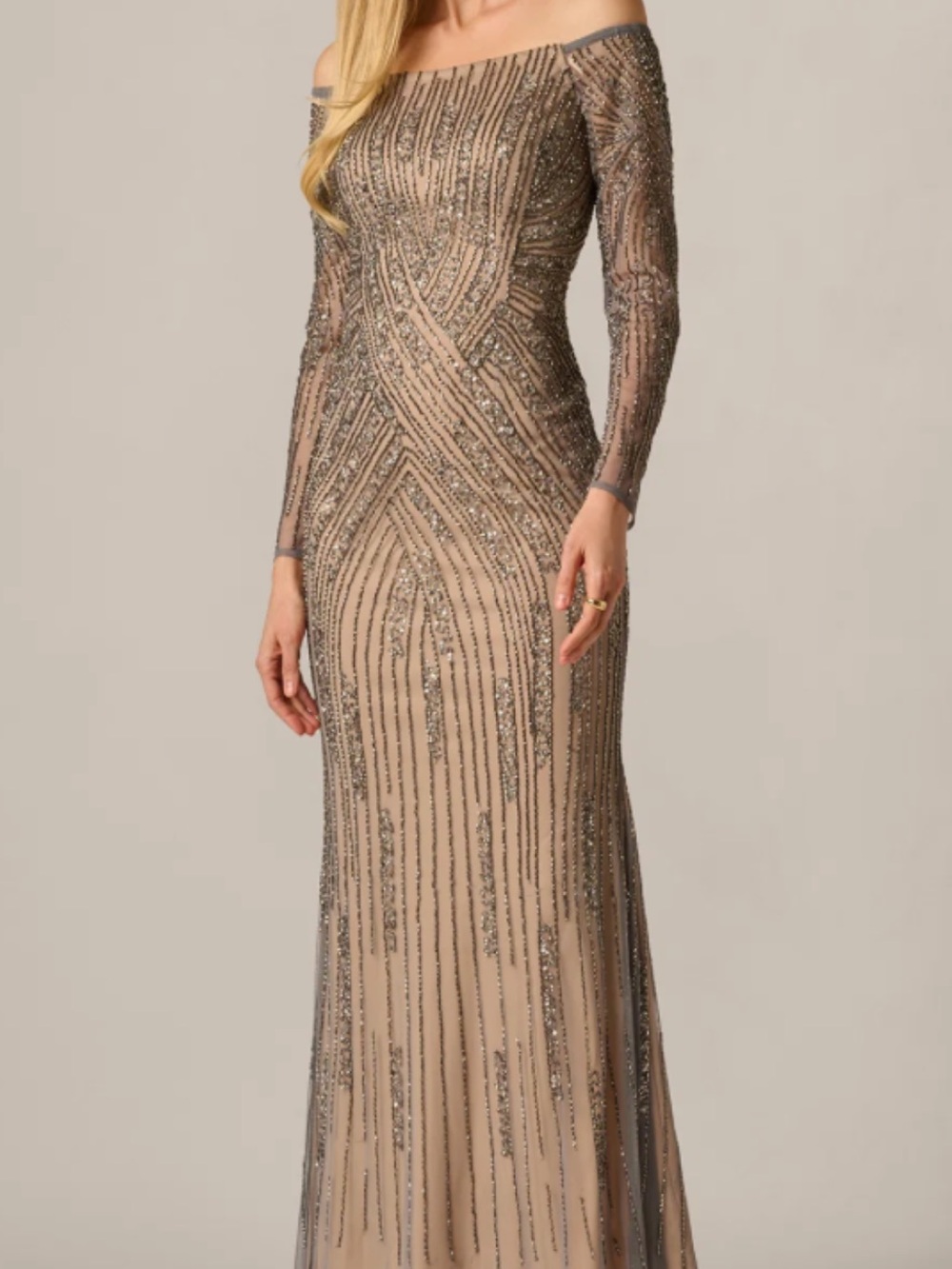 Adrianna Papell Beaded Off-Shoulder Nude Evening Gown
